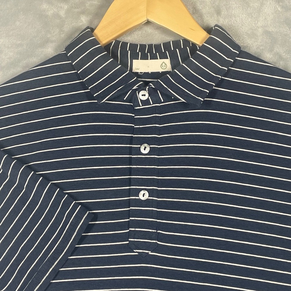 tasc Performance Men XL Polo Shirt Navy Blue White Striped Bamboo Cotton Stretch